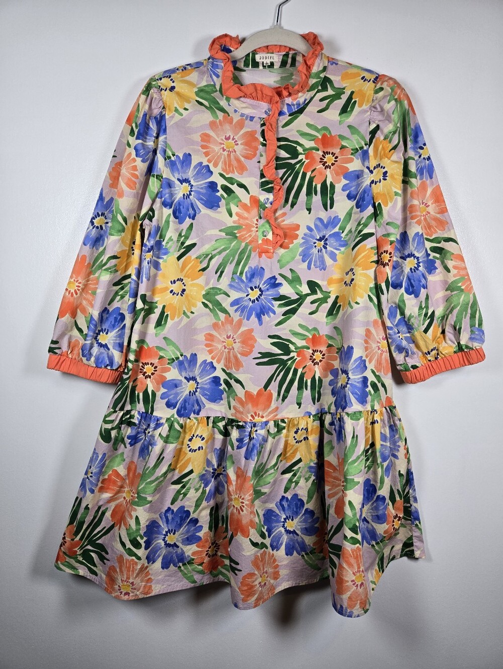 Jodifl Painted Floral Button Ruffle Neckline Drop Waist Peplum Tunic Dress Large
